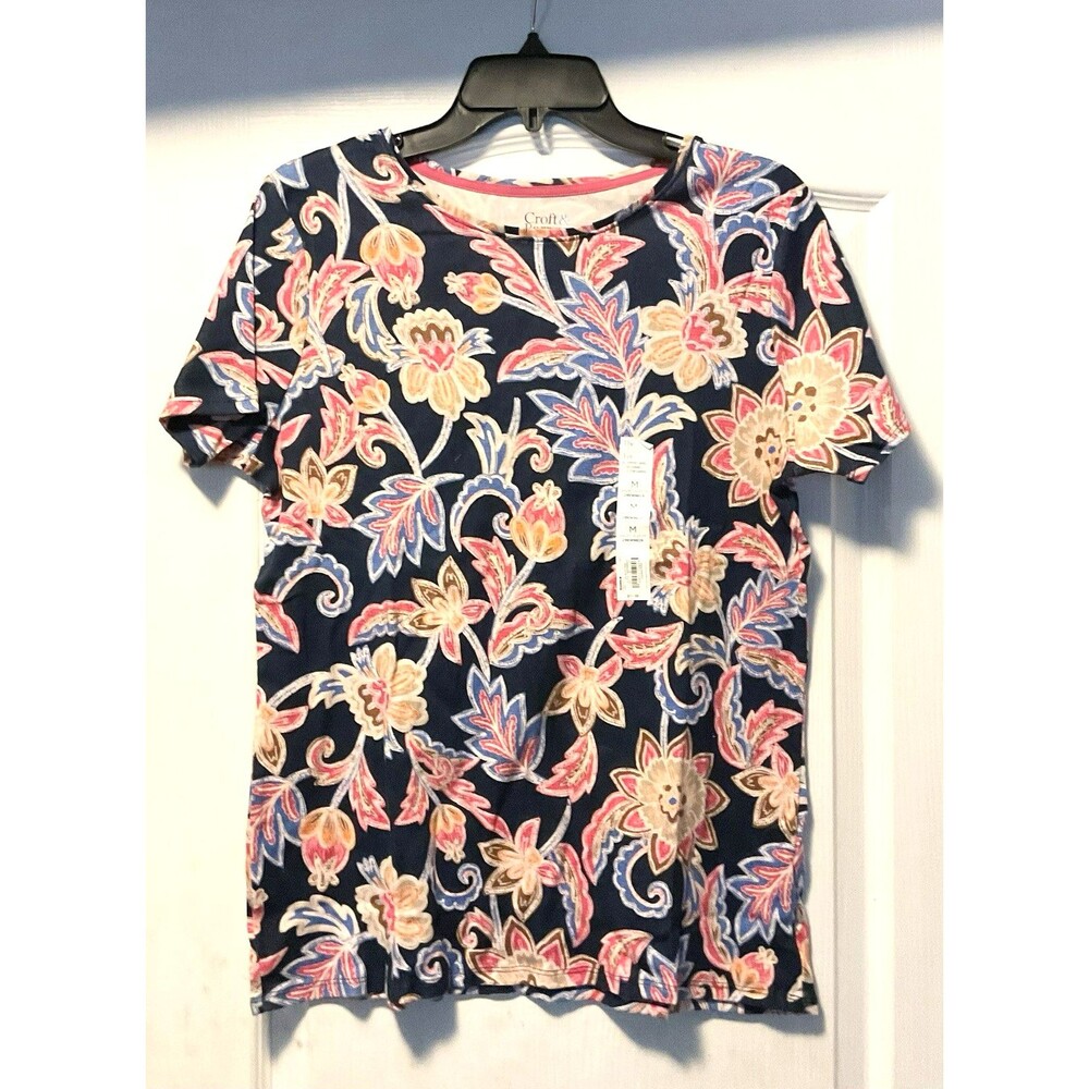 Croft & Barrow Women's Essential Crewneck Tee M, Navy Artisan Blooms NWT